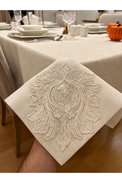 Zeren Home Lotus Lace Detailed Glittery Cream Color Seamless Tablecloth, Hand...