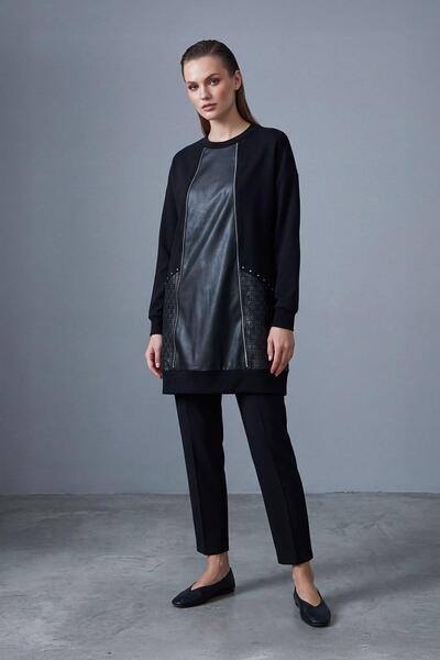 Puane Women's Leather Detailed Stone Decorated Tunic 10809Tun