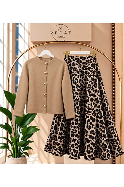 MODA VEDAT Women's Heart Buttoned Knitwear Cardigan - Leopard Patterned Puff ...