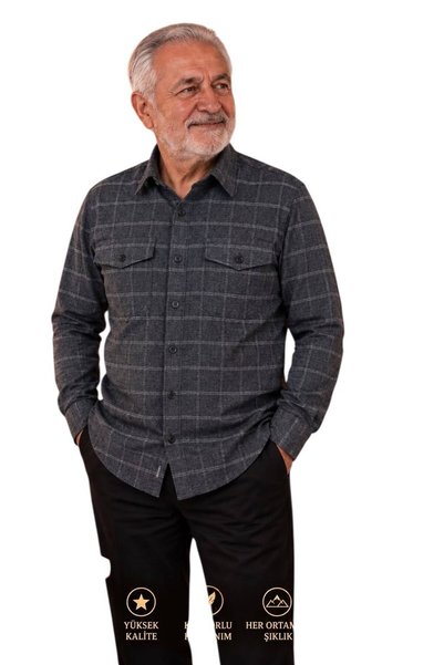 GÖMLEK GALERİSİ Men's Classic Wide Cut Flannel Checkered Double Pocket Long S...