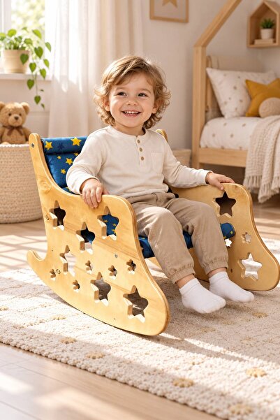 Çocuk Ahşap Sallanan Sandalye Mavi Hayvan Desenli Minderli Montessori Oyuncak Koltuğu