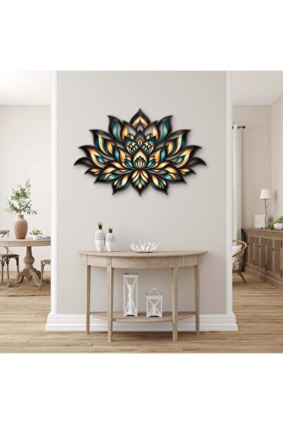 Turkuaz Altın Lotus Mandala Metal Tablo - DEC0199