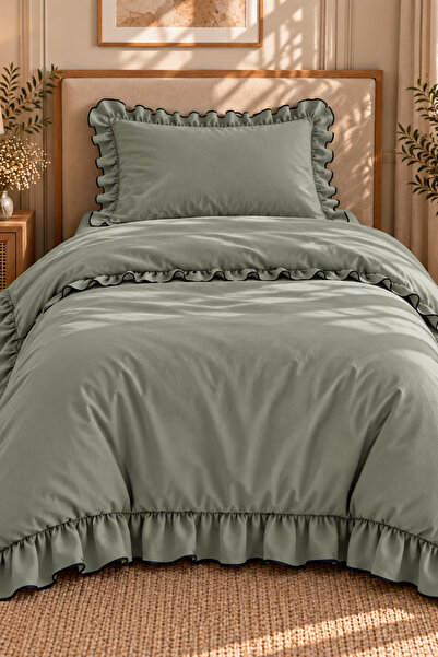 Loyal Home Ruffled 100% Cotton Single Duvet Cover Set Khaki