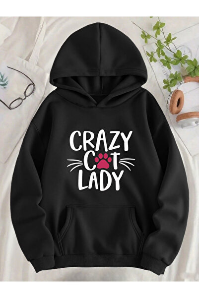 one button سويت شيرت نسائي فضفاض بطبعة Crazy Cat Lady ذو قلنسوة فاخرة مكون من...