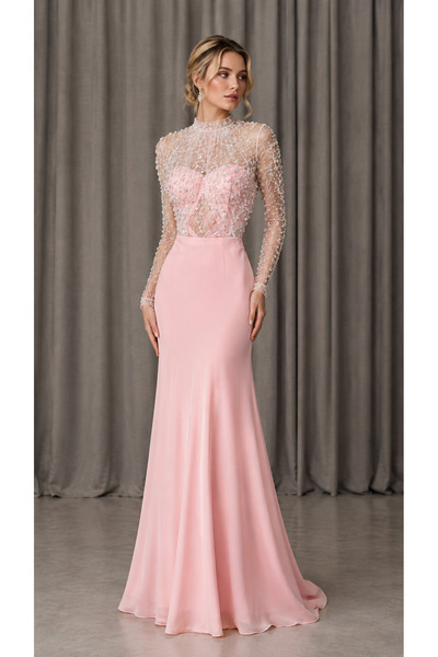 Asma Fashion Luxurious Soft Blush Pink Evening Gown with High Neckline and Lo...