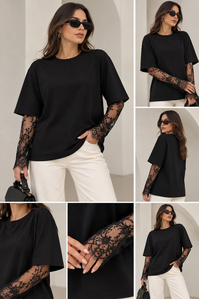 LUNESSA COLLETİONS Kolları Dantel Detaylı Premium Bluz