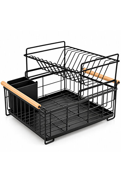 Generic Brand 2-tier dish dryer, metal, cutlery container, drip tray, black
