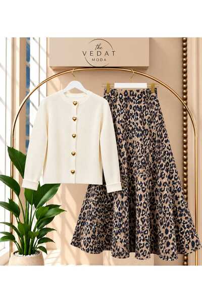 MODA VEDAT Cardigan tricotat cu nasturi în formă de inimă pentru femei - Set ...