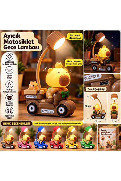DİĞER1111 Ayıcık Motosiklet Gece Lambası – Type-C Şarjlı Dekoratif Masa Lamba...