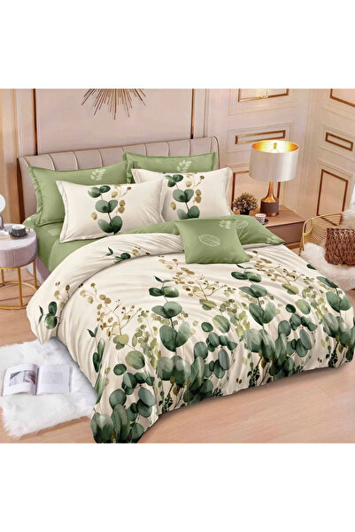 decorami Double bed linen with Stretchy, Finet, 6 pieces, Green, Cream, flowers