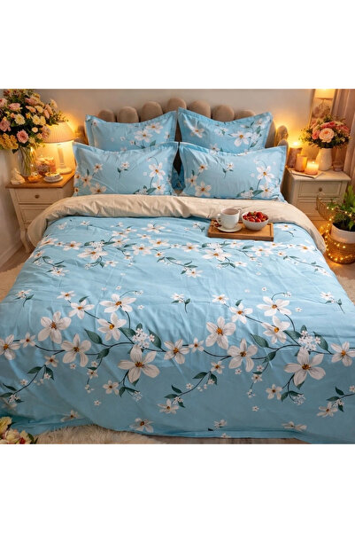decorami Double bed linen, Finet, 6 pieces, Blue, flowers