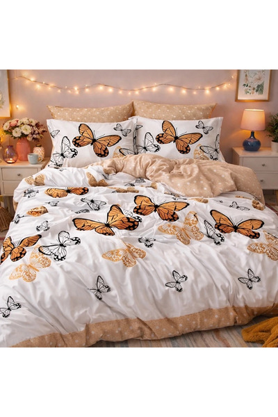 decorami Double bed linen, Finet, 6 pieces, Beige, butterflies