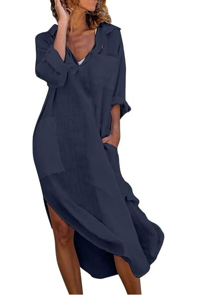 GENERAL utcoco Womens Casual Loose Cotton Linen Long Shirt Dress Lapel Button...