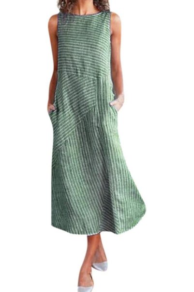 GENERAL Women Casual Striped Print Sleeveless Dress Crew Neck Linen Pocket Lo...