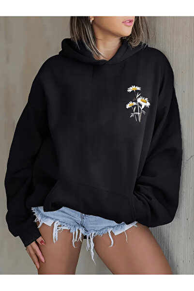 one button Γυναικείο φούτερ με γιακά Daisy Printed Premium με κουκούλα, 2 κλω...