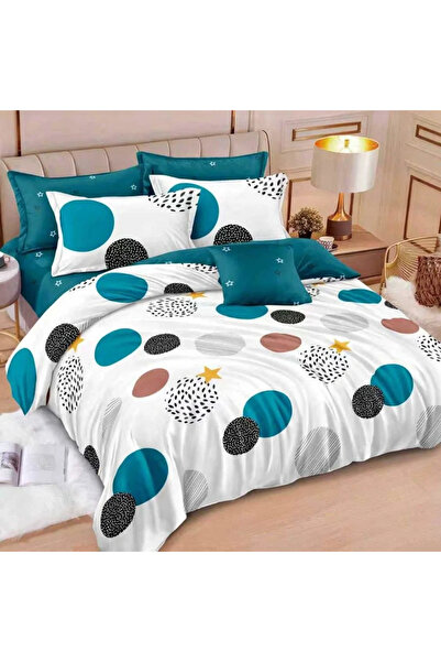 decorami Double bed linen with Stretchy, Finet, 6 pieces, White, Turquoise, p...