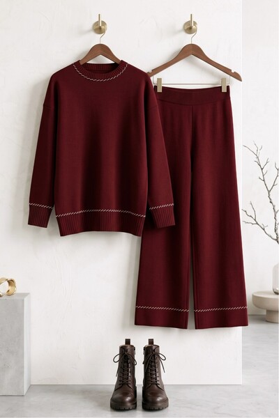 MODAQU Fitil Detaylı Tunik Pantolon Triko Takım - Bordo