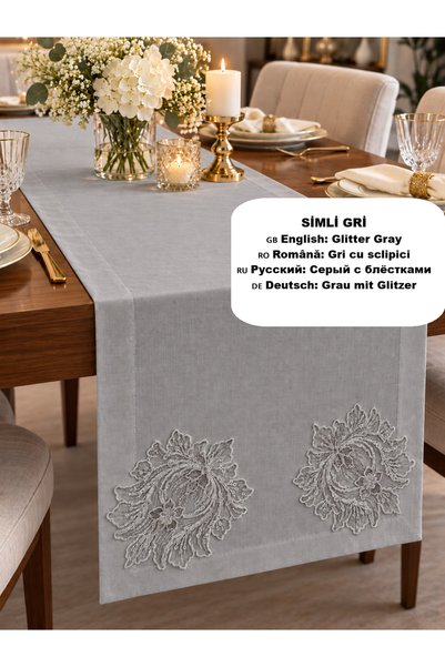 Zeren Home Lotus Dantel Detaylı Masa Runnerı – Şık Dekoratif Runner – Simli G...