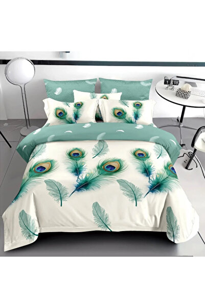 decorami Double bed linen with Stretchy, Finet, 6 pieces, White, Green, peaco...