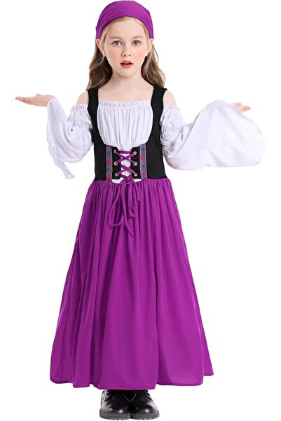 GENERAL SEAUR Kids Girls Medieval Renaissance Maxi Dress Off Shoulder Bell Lo...