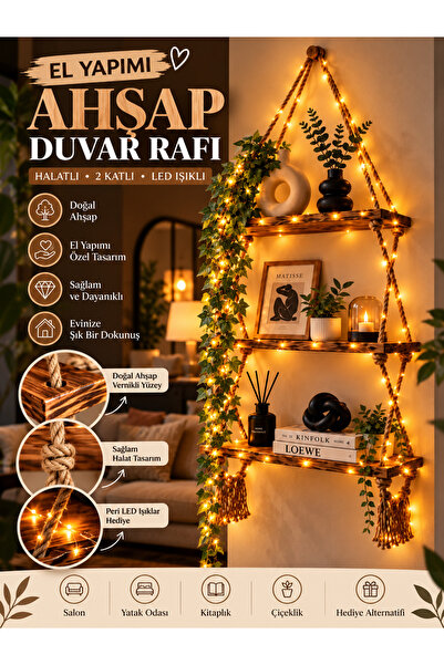 Modern Doğal 2 Katlı Ahşap halatlı Dekoratif Duvar Rafı, Kitaplık , Çiçeklik, Retro Hasır Ipli Ahşap Vernikli , Peri Led Hediyeli
