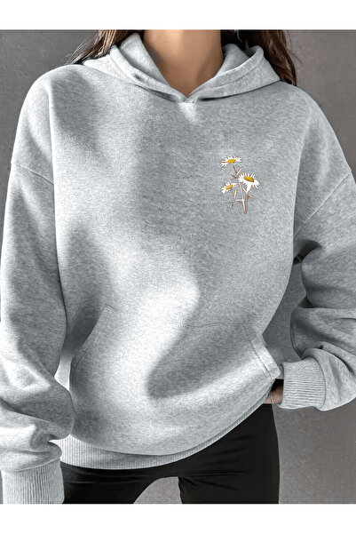 one button Γυναικείο φούτερ με γιακά Daisy Printed Premium με κουκούλα, 2 κλω...
