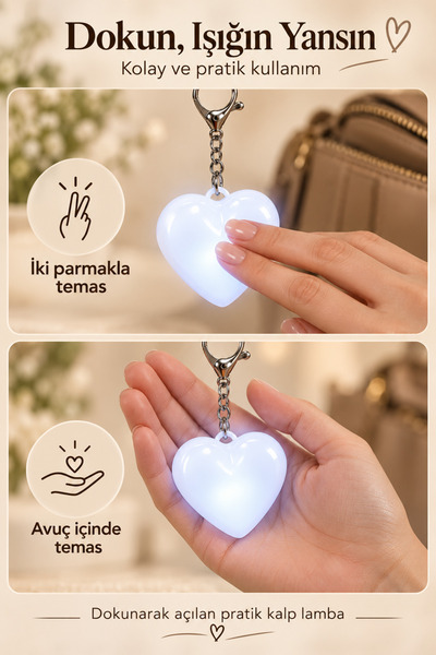 indirimsevinci Dokunmatik Kalp Çanta İçi Lamba Type-C Şarjlı Işıklı Anahtarlık Otomatik Kapanan Mini Işık