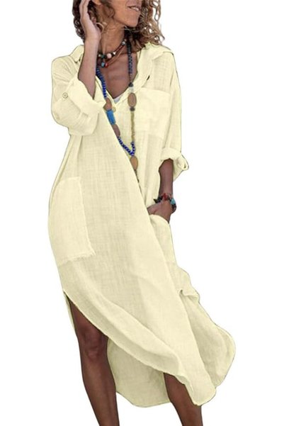 GENERAL utcoco Womens Casual Loose Cotton Linen Long Shirt Dress Lapel Button...