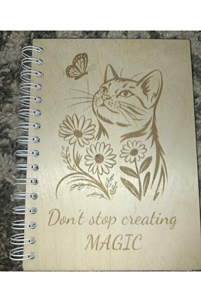 Generic Brand Agendă A5 cu copertă din lemn cu pisică – „Don’t Stop Creating ...