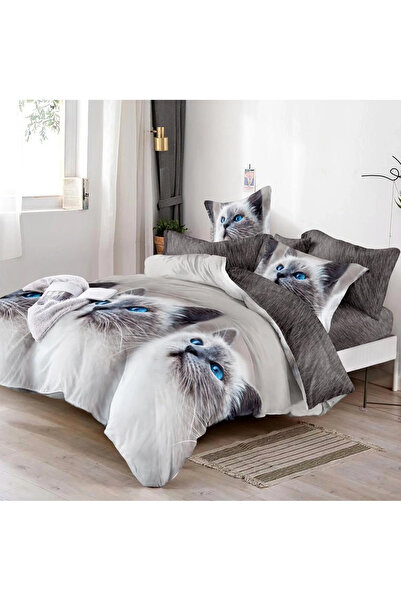 decorami Double bed linen with Stretchy, Finet, 6 pieces, Gray, cats