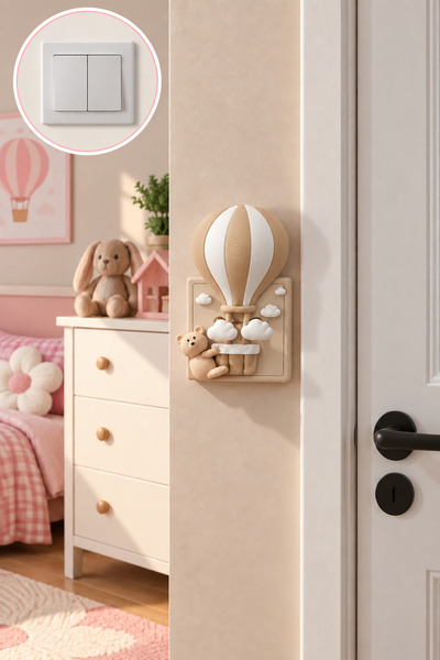 3dvectory Uçan Balon ve Ayıcık Figürlü Priz ve Çift Anahtar Çerçevesi – Çocuk...