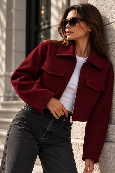 mrcans Women's Crop Jacket with Zipper Pockets, Short Cashmere Jacket, Casual Stylish Oversized Coat