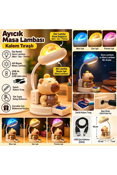 DİĞER1111 Ayıcık Kalemtraşlı Masa Lambası – USB Şarjlı 3 Renkli Gece Lambası ...