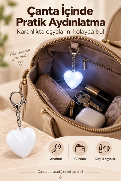 indirimsevinci Dokunmatik Kalp Çanta İçi Lamba Type-C Şarjlı Işıklı Anahtarlık Otomatik Kapanan Mini Işık