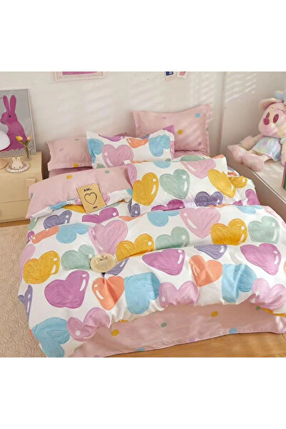 decorami Double bed linen, Finet, 6 pieces, White, Pink, hearts