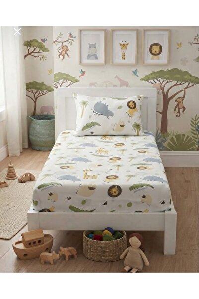 GOOD MORNİNG PAMUKKALE طقم ملاءة سرير مطاطية منقوشة للأطفال من تيك سافاري مقاس 100x200 + 1 غطاء وسادة