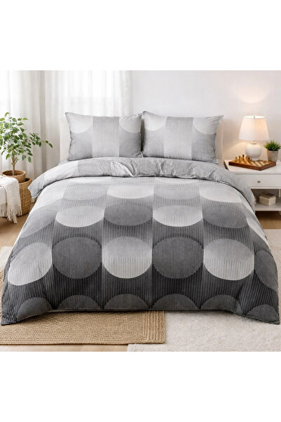 decorami Lenjerie pat dublu, bumbac satinat, cearsaf clasic, 4 piese, Gri, ab...