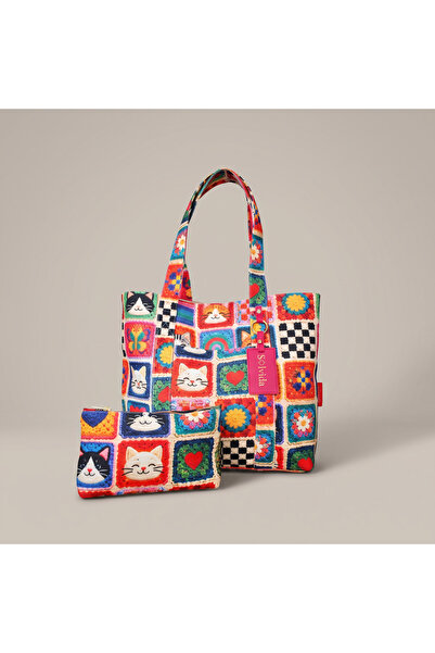 Retro Kedi Patchwork Desenli Çıtçıtlı Tote Çanta ve Pouch Seti