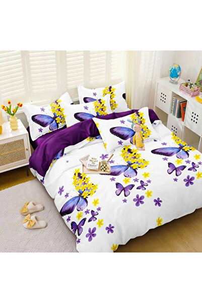 decorami Double bed linen, satin Cotton , classic sheet, 4 pieces, White, Pur...