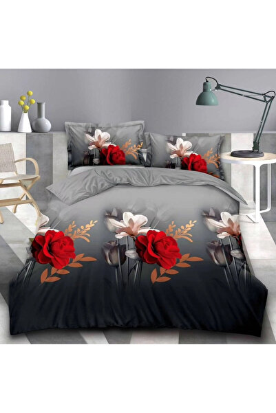 decorami Double bed linen, classic sheet, 3D print, Grey-Red, flowers