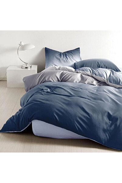 decorami Lenjerie pat dublu, bumbac satinat, cearsaf clasic, 4 piese, Albastru