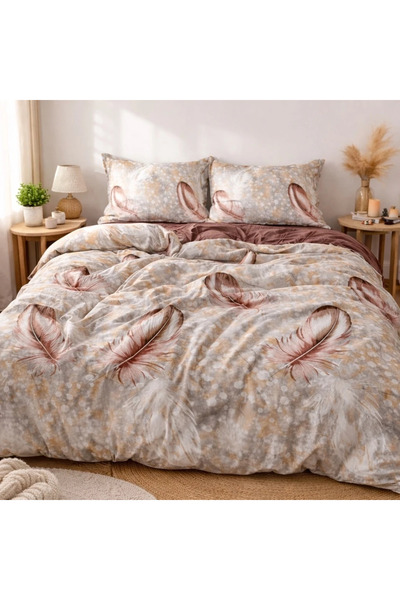 decorami Double bed linen, satin Cotton , classic sheet, 4 pieces, Beige, fea...