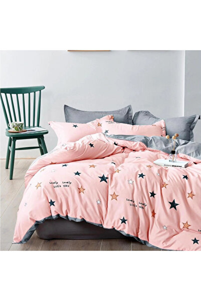 decorami Double bed linen, satin Cotton , classic sheet, 4 pieces, Pink, stars