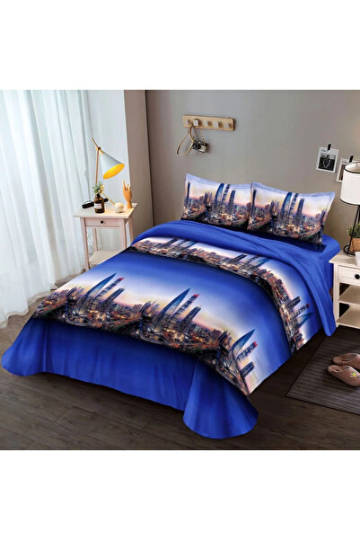 decorami Double bed linen, classic sheet, 3D print, Blue, city