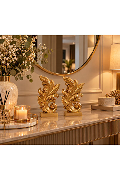 Sisay Home Gold Yaprak Biblo 2’li Set | Dekoratif Salon Konsol Dresuar Süsü | Şık Ev Dekorasyonu