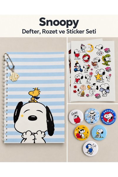 Punky Design Snoopy A5 Spiralli Çizgili Defter 80 Yaprak, 6 Adet 44 mm Rozet ...