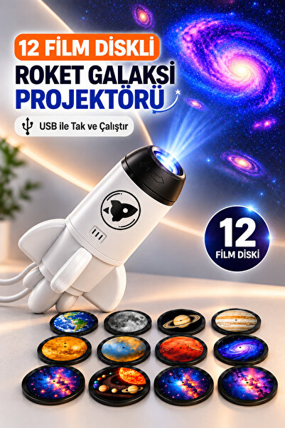RAYLAX Roket Galaksi Projektörü 12 Film Diskli USB Tak Çalıştır Uzay Yıldız G...