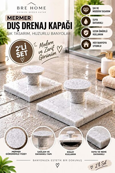BRE HOME 2 Adet Mermer Duş Drenaj Kapağı 2’li Set | Şık ve Dayanıklı Gider Ka...