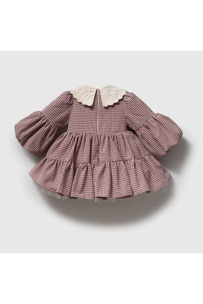 ZeZe Kid Baby Girl Plaid Lace Collar Burgundy Dress with Bag