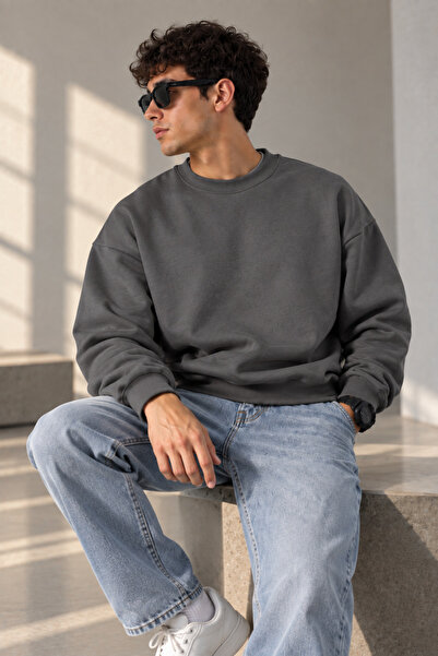 Erkek Oversize Bisiklet Yaka 3 İplik Şardonlu Basic Sweatshirt